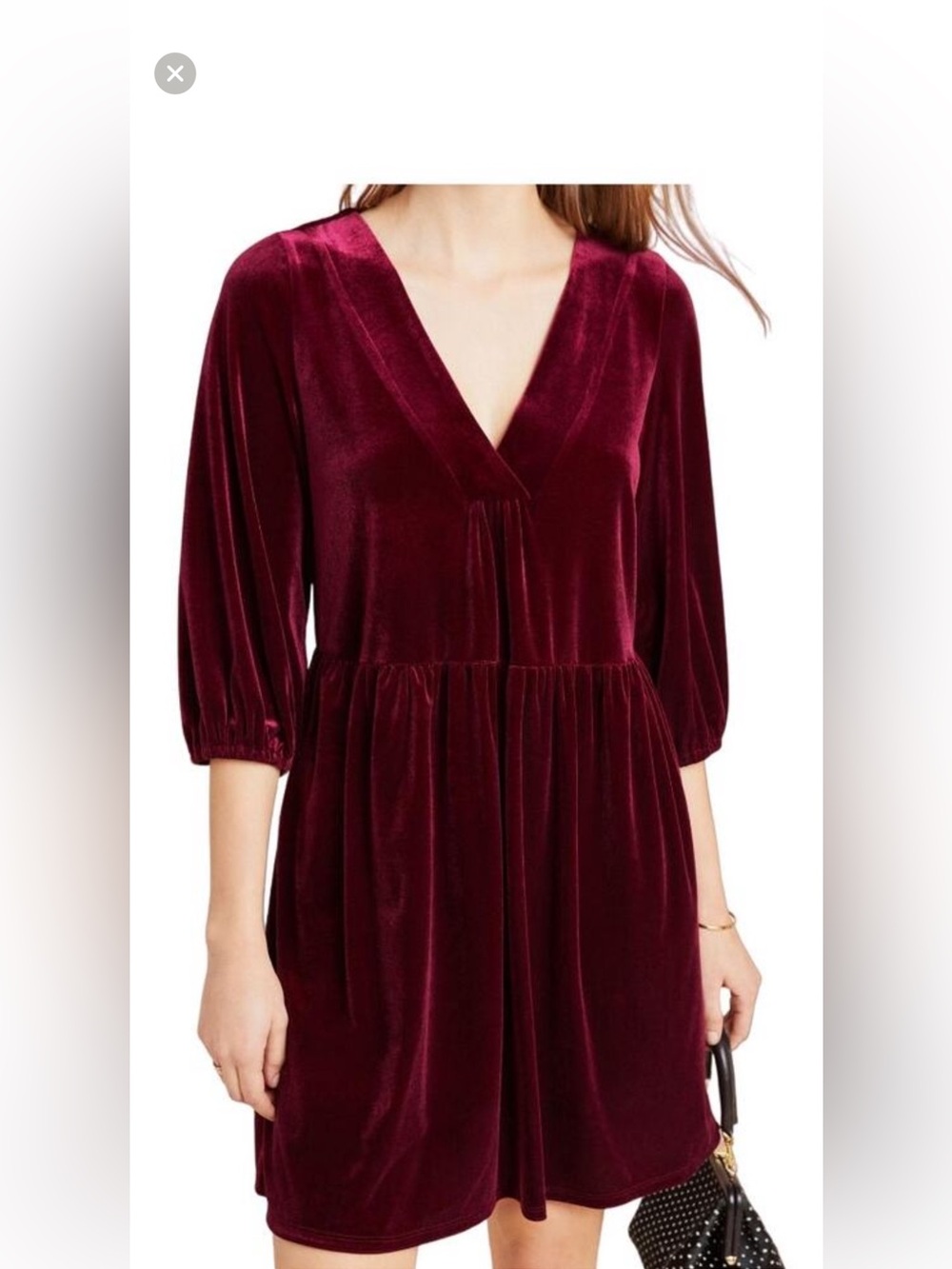 Anthropologie Velvet V-Neck 3/4 Sleeve Dress in Wine Red